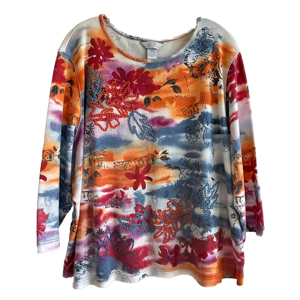 Napa Valley Blues Woman Blouse, artsy, art to wear, colorful, embroidered, Sz 2X